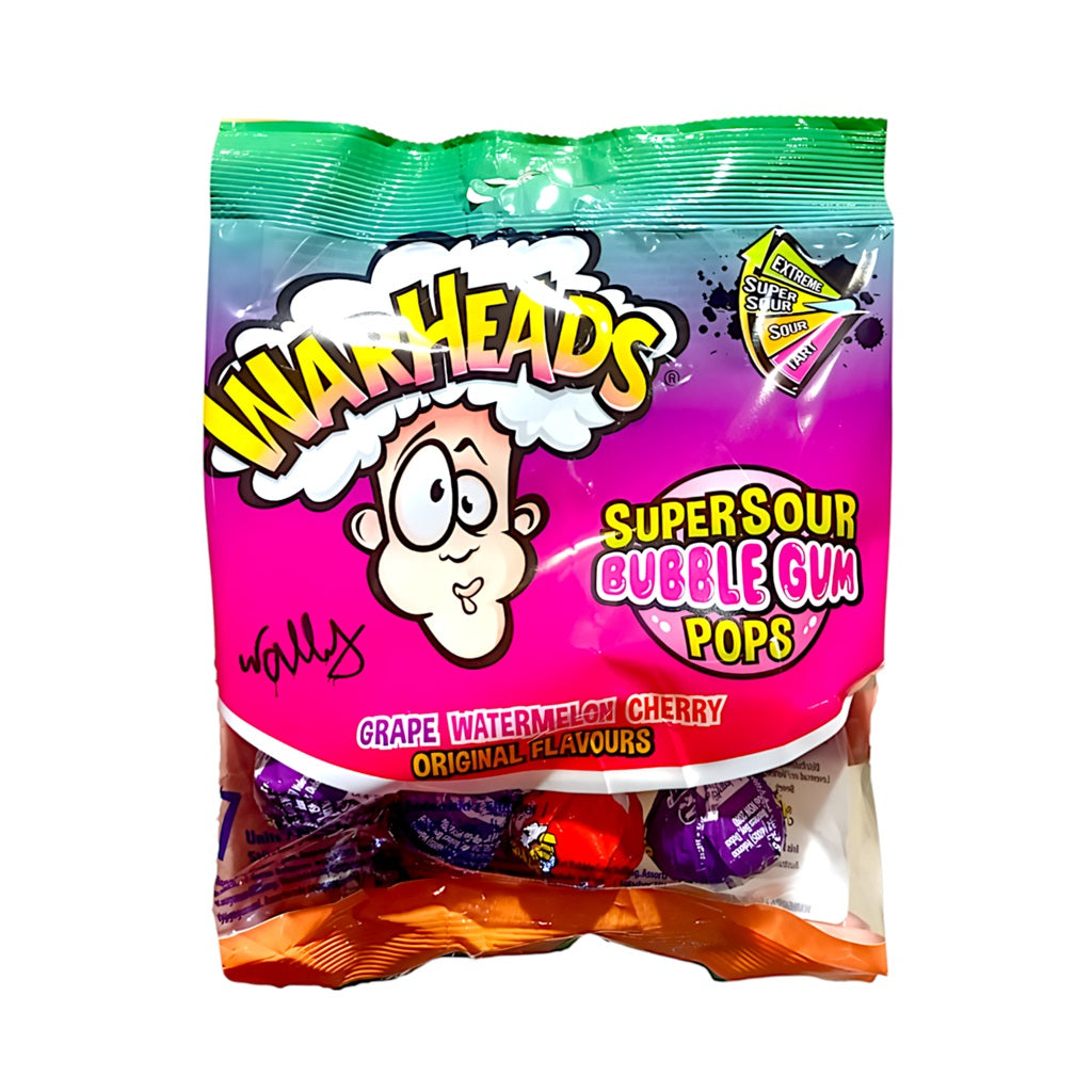 Warheads Supersour BubbleGum Blue Grape,Watermelon & Cherry 7 Lollys 22 x 15g